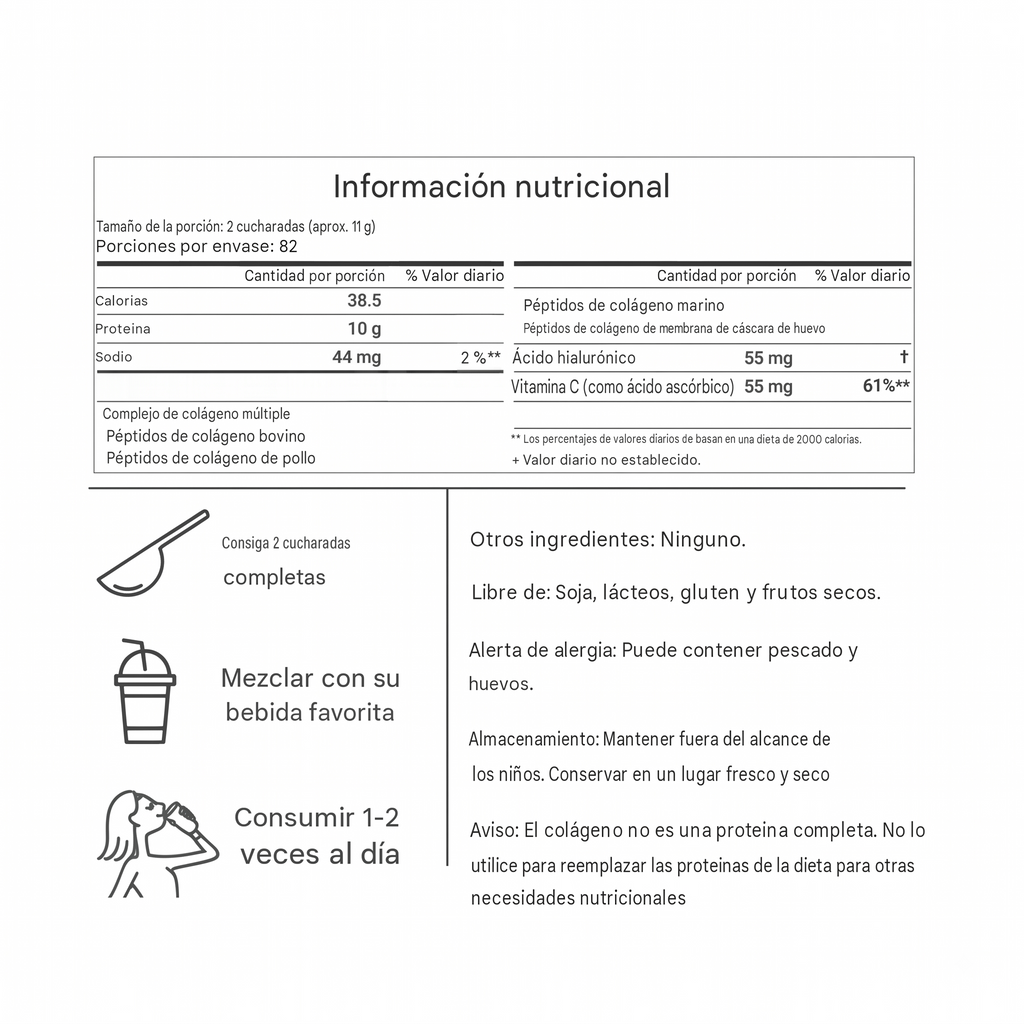 Colágeno Hidrolizado Premium Aura Express, tabla nutricional del suplemento