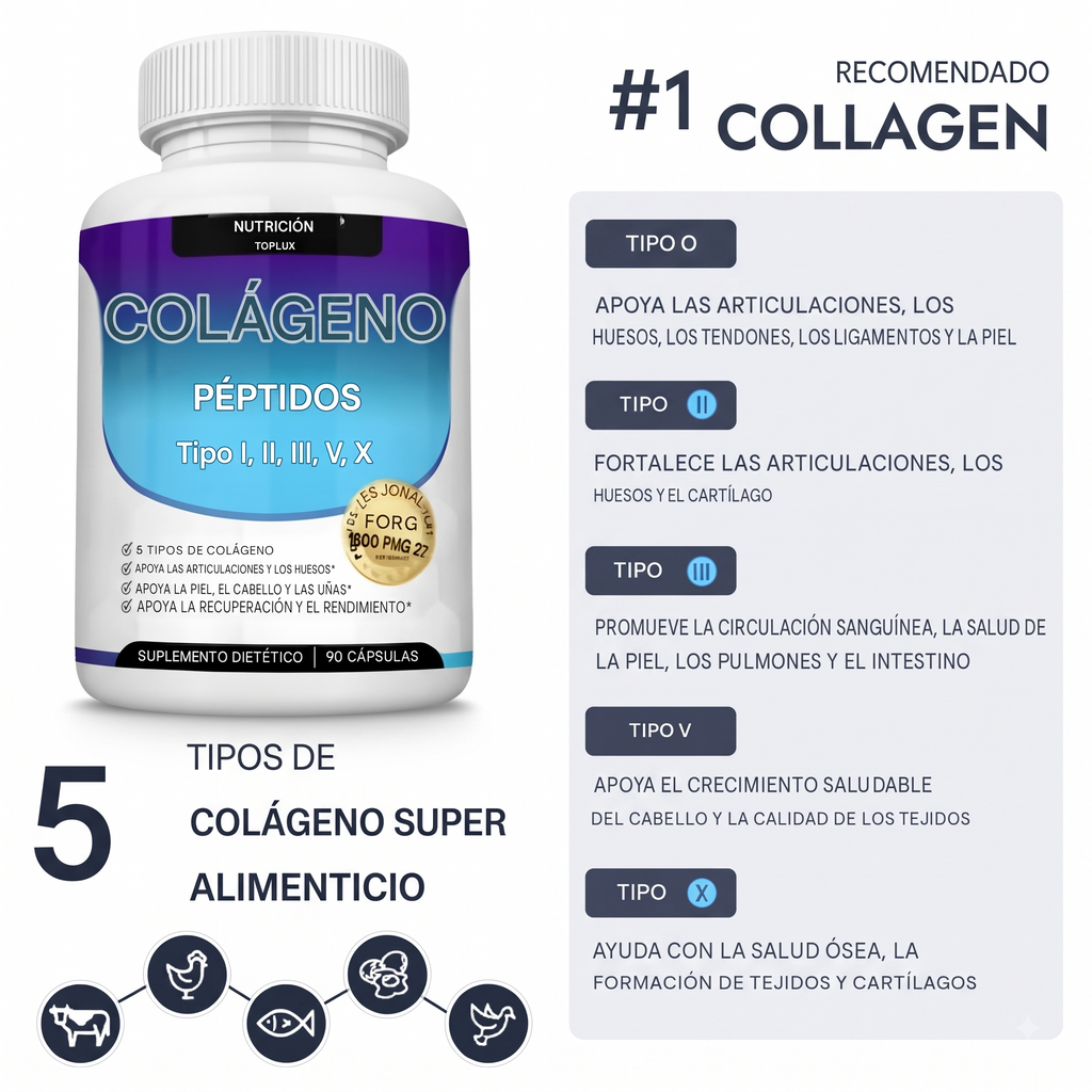 Colágeno Péptidos 5 Tipos Aura Express, beneficios para piel, cabello y articulaciones