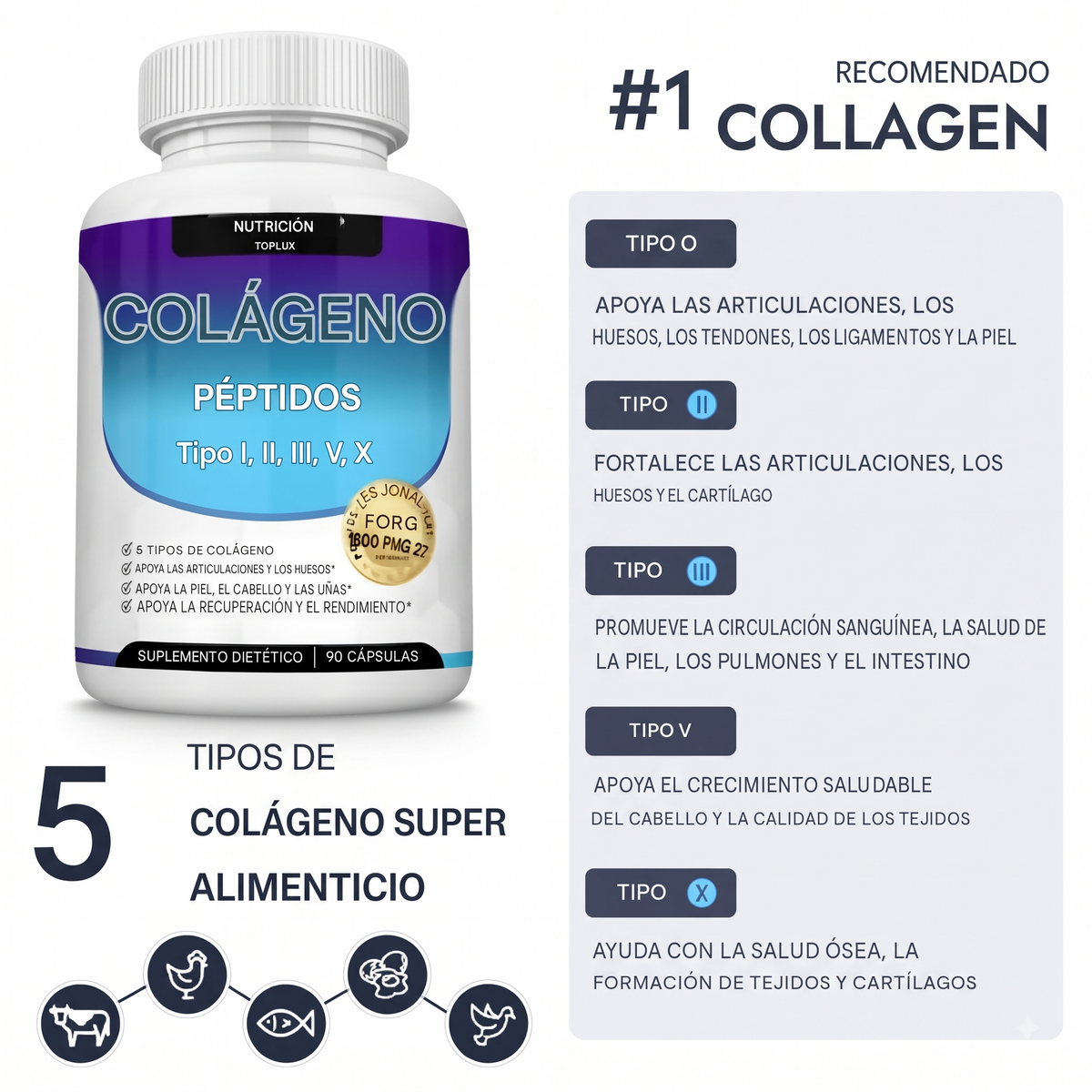Colágeno Péptidos 5 Tipos Aura Express, beneficios para piel, cabello y articulaciones