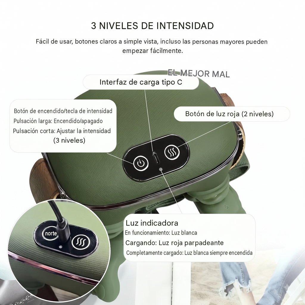 Masajeador Cervical Térmico Aura Express, detalle de botones y regulación de temperatura