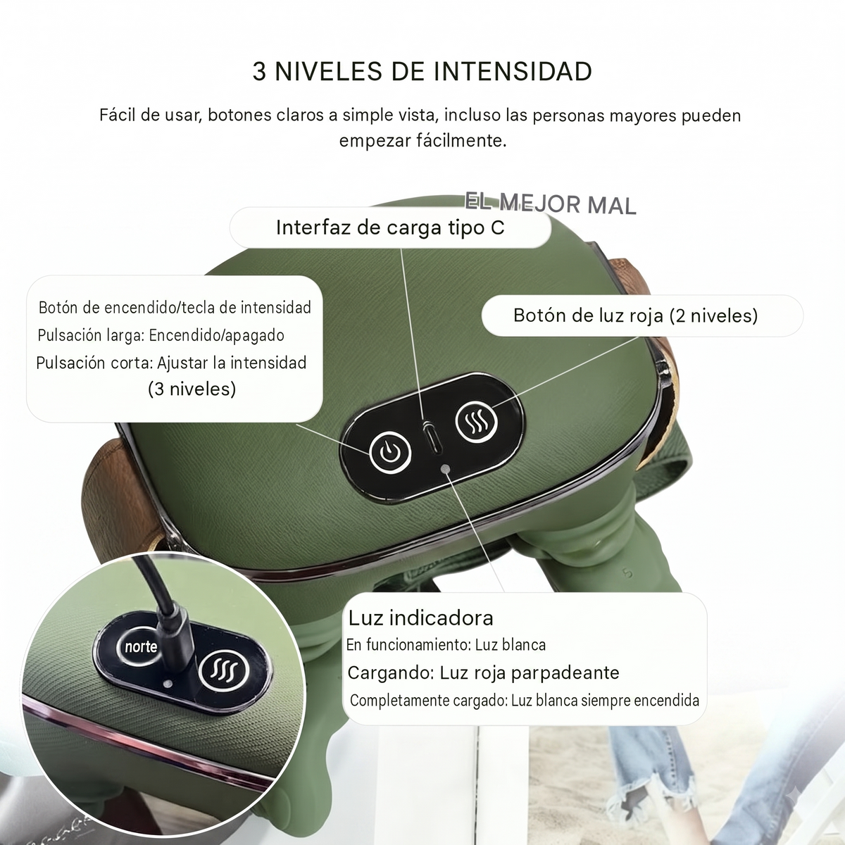 Masajeador Cervical Térmico Aura Express, detalle de botones y regulación de temperatura